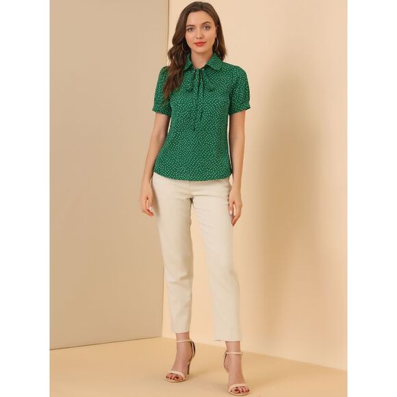 Dots Blouses Bow Tie Peter Pan Collar Chiffon Blouse Dark Green - Picture 3 of 6